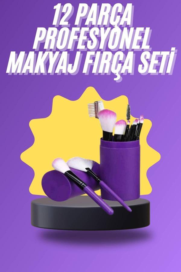 12 Parça Makyaj Fırça Seti Profesyonel Fondöten Allık Far Kontür Fırçası - Image 1