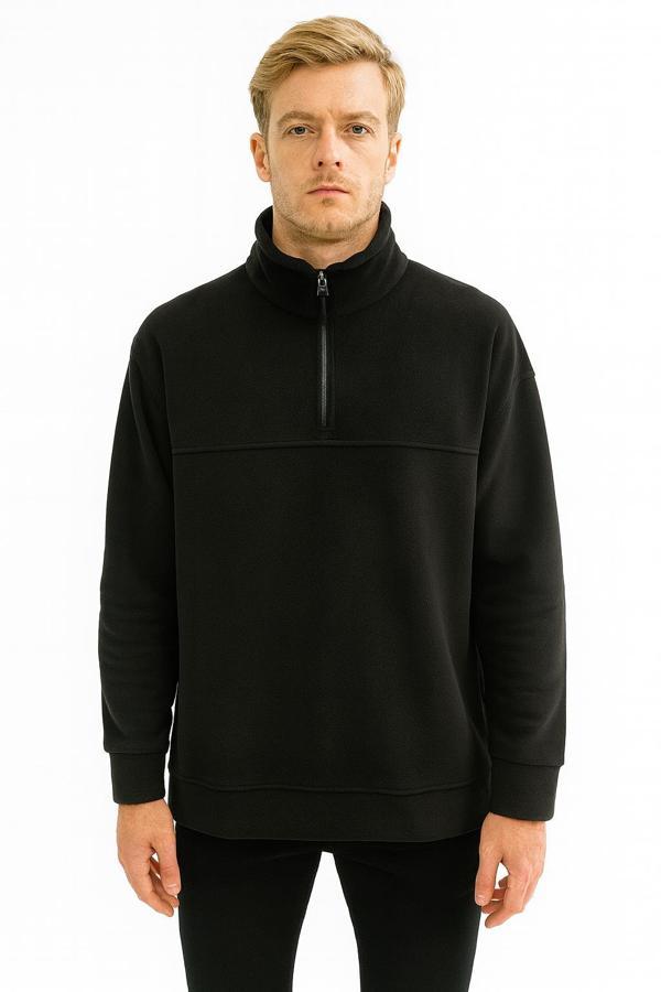 Unisex Relax Fit Rahat Kesim Polar Yarım Fermuarlı Dik Yaka Sweatshirt - 7387 - Image 1