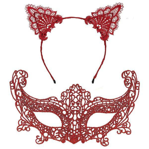 Romantik Kırmızı Dantel Maske Seti – Kedi Kulaklı Taç ve Maske No 3 - Image 1