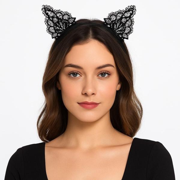 Siyah Kedi Dantel Taç + Eldiven Seti – Parti, Dans ve Kostüm Kombini - Image 1