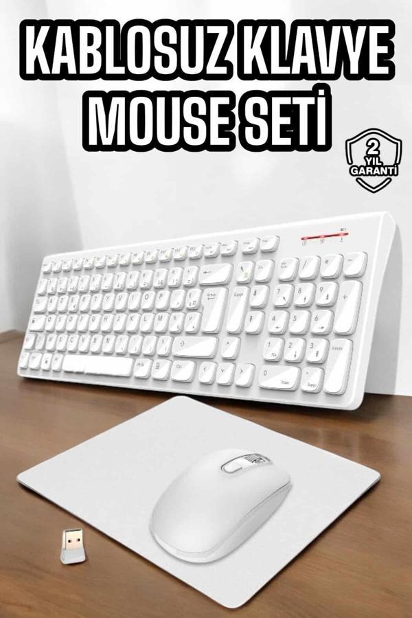 Q Klavye Beyaz Klavye Ve Mouse Seti Kablosuz USB Girişli - Image 1