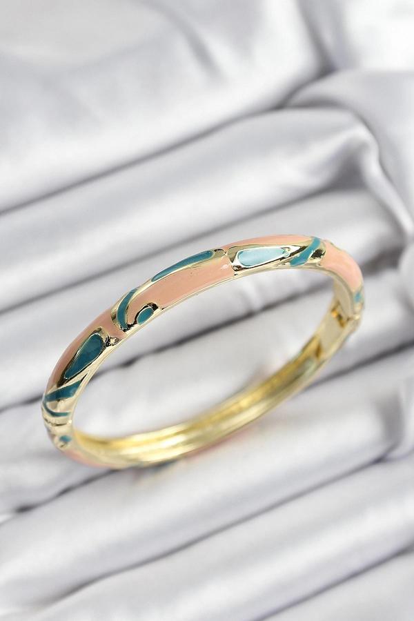 Mineli Pirinç Krem Ve Yeşil Mermer Motifli Gold Renk Kadın Kelepçe - Image 1