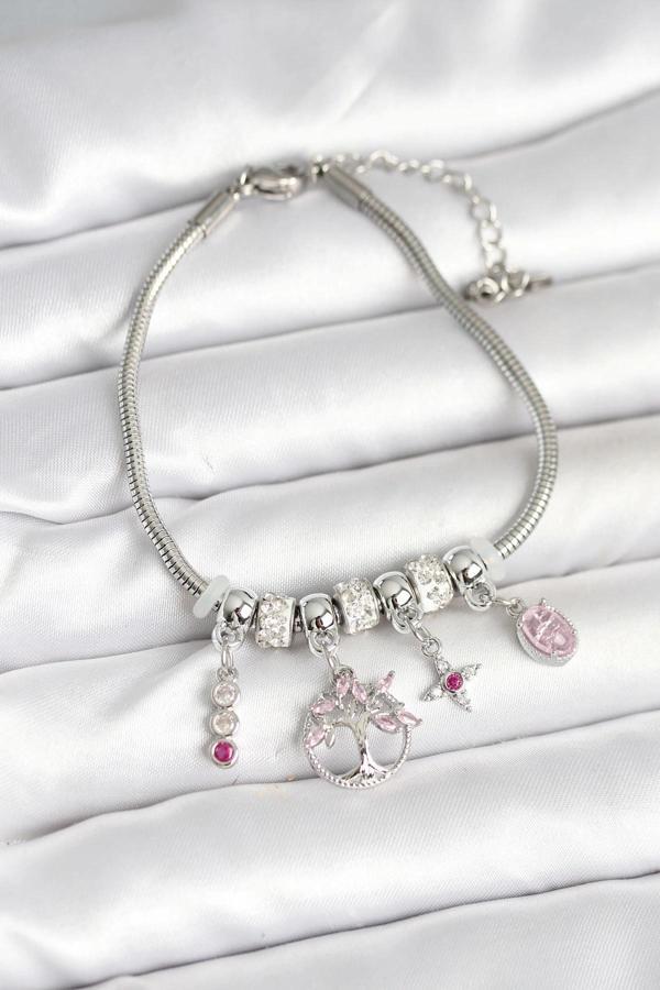 Pirinç Gümüş Renk Yaşam Ağacı Charmlı Kadın Bileklik - Image 1