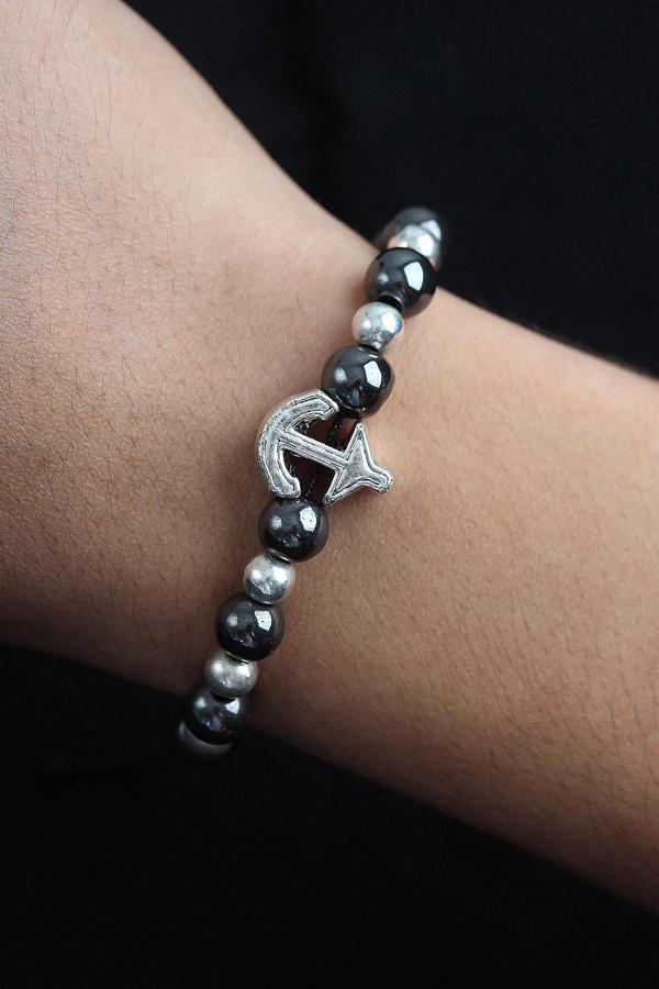 Doğal Taş Çapa Model Gümüş Ve Füme Renk Asansörlü Erkek Bileklik - Image 1