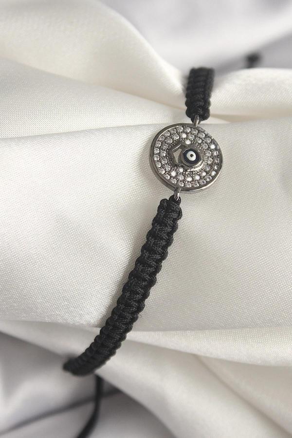 Pirinç Füme Renk Zirkon Taşlı Nazar Boncuk İşleme Makrome Asansörlü Model Kadın Bileklik - Image 1