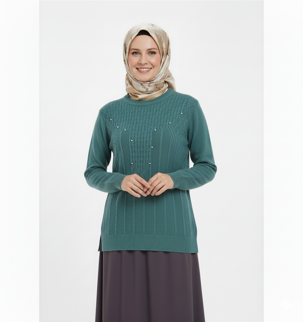 Oppland Kadın Kışlık Triko Kazak Bisiklet Yaka Boncuklu Rahat Tam Kalıp - Image 1