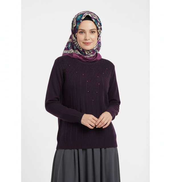 Oppland Kadın Kışlık Triko Kazak Bisiklet Yaka Boncuklu Rahat Tam Kalıp - Image 1