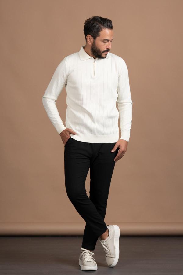 Fermuarlı Polo Yaka Polyamid Kumaş Kendinden Çizgili Likralı Triko Kazak - Image 1