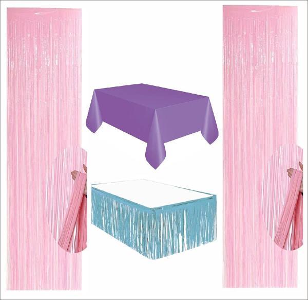 Mor Masa Örtüsü, Mavi Masa Eteği, 2 Pembe Arka Fon  - Image 1