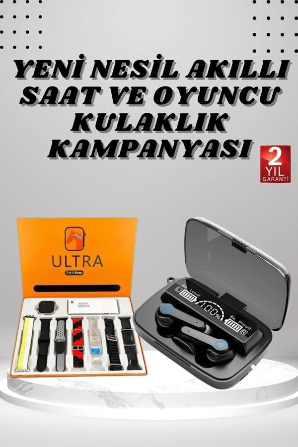 Dijital Göstergeli Powerbank Kulaklık ve 7 Kordonlu Yeni Nesil Akıllı Saat Amoled Ekran - Image 1