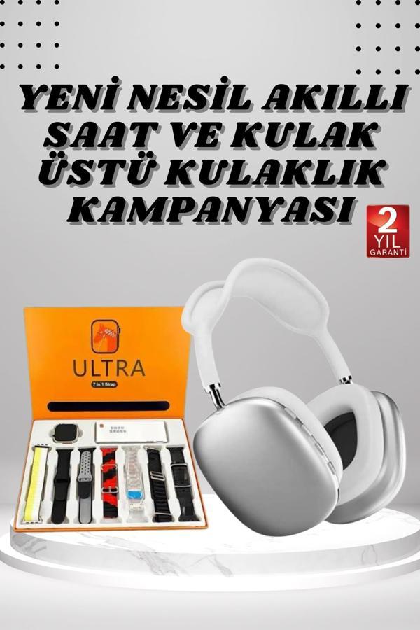 Kulak Üstü P9 Kablosuz Bluetooth Kulaklık ve 7 Kordonlu Akıllı Saat - Image 1