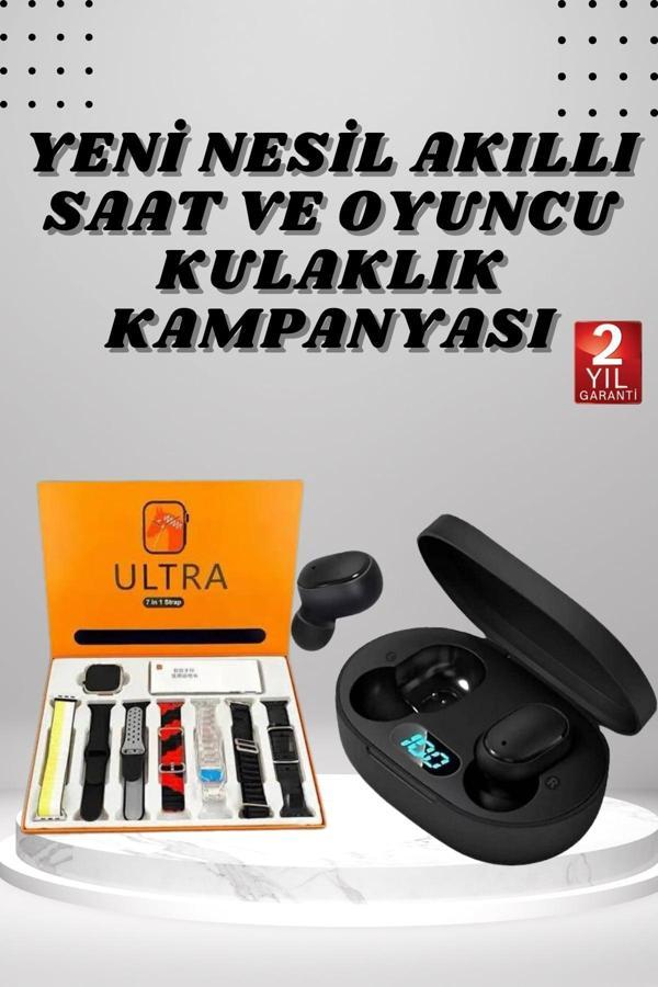 Dijital Göstergeli Kulaklık ve 7 Kordonlu Akıllı Saat Android ve İOS Uyumlu Uyku Takibi Sesli Görüşm - Image 1