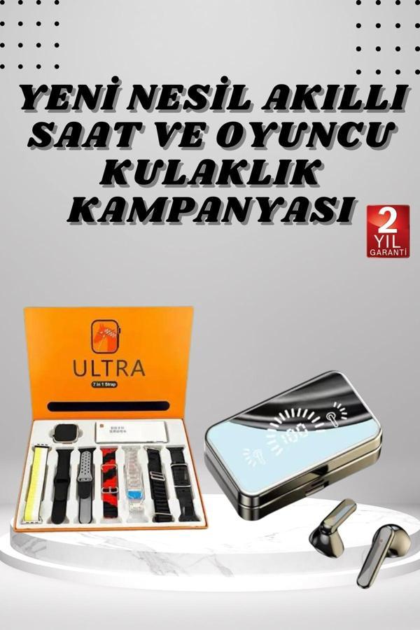 Aynalı Bluetooth Kulaklık ve 7 Kordonlu Akıllı Saat Dijital Göstergeli Uzun Pil Ömrü - Image 1