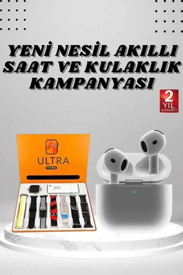 7 Kordonlu Akıllı Saat Ve 3.Nesil Kulaklık Dokunmatik Ekran Sesli Görüşme Yapabilen - Image 1