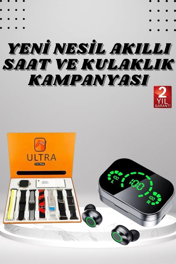7 Kordonlu Akıllı Saat Ve Aynalı Bluetooth Kulaklık Powerbank Dijital Göstergeli - Image 1