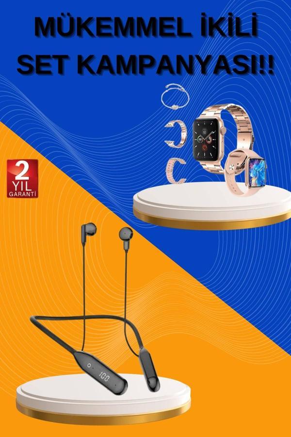 Kablolu Bluetooth Kulaklık ve Kadınlara Özel Bileklik Hediyeli Yeni Nesil Akıllı Saat 3 Kordonlu - Image 1