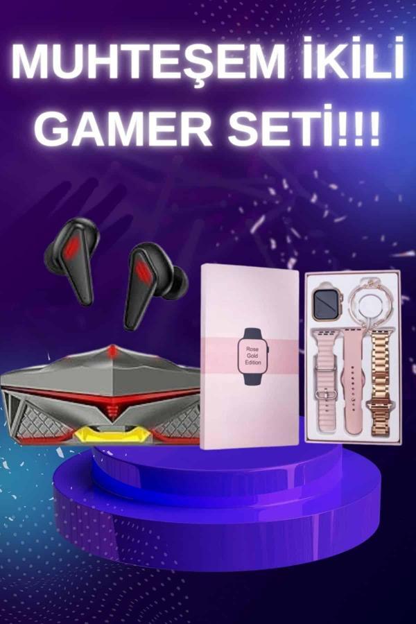 Yeni Nesil Pembe Dokunmatik Ekran Akıllı Saat ve Oyuncu Kulaklığı Kablosuz Bluetooth Kulaklık - Image 1