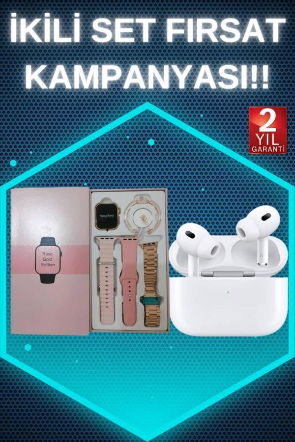 3 Kordonlu Pembe Amoled Ekran Akıllı Saat ve Yeni Nesil Pro Kablosuz Bluetooth Kulaklık ANC/ENC - Image 1