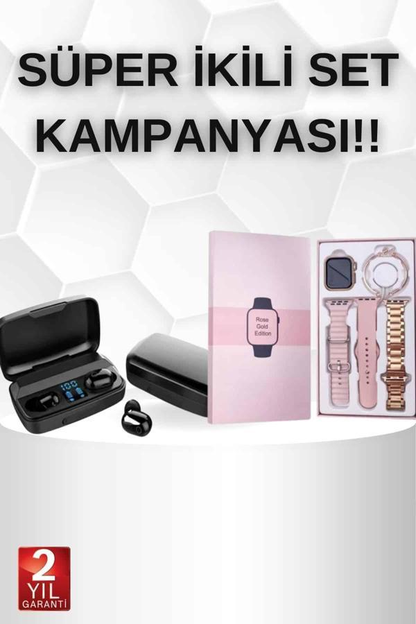 Wireless Şarjlı Pembe Akıllı Saat ve Kablosuz Bluetooth Kulaklık Dokunmatik Kontrol - Image 1