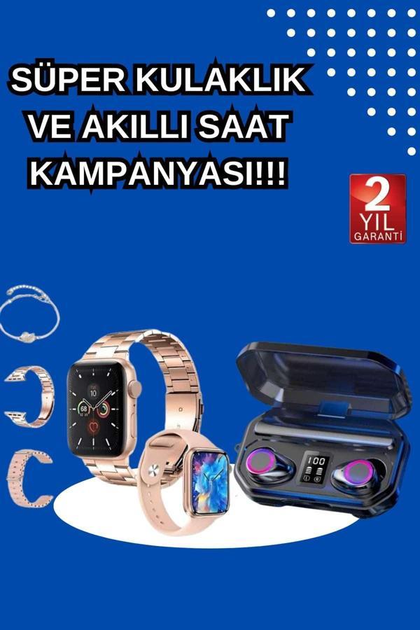 Kadınlar İçin 3 Kordonlu Akıllı Saat ve Dijital Göstergeli Powerbankli Bluetooth Kulaklık Dokunmatik - Image 1