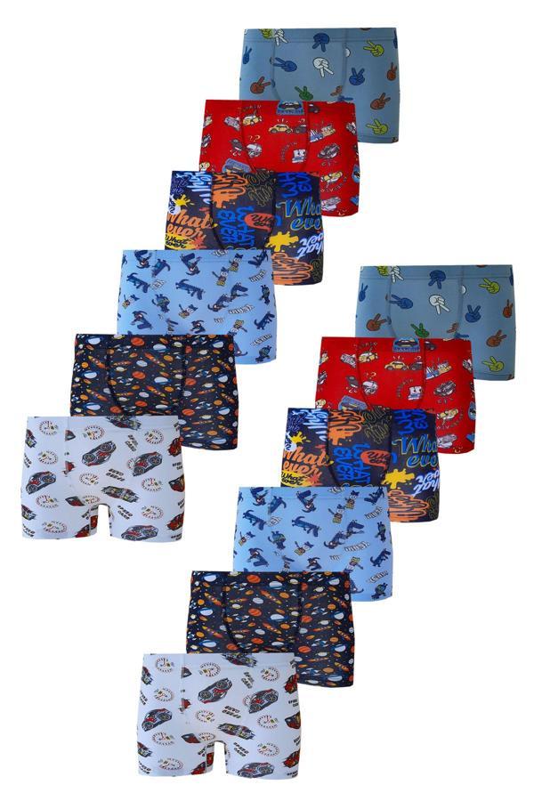 12li Erkek Çocuk Renkli Desenli Baskılı Boxer Külot - Image 1