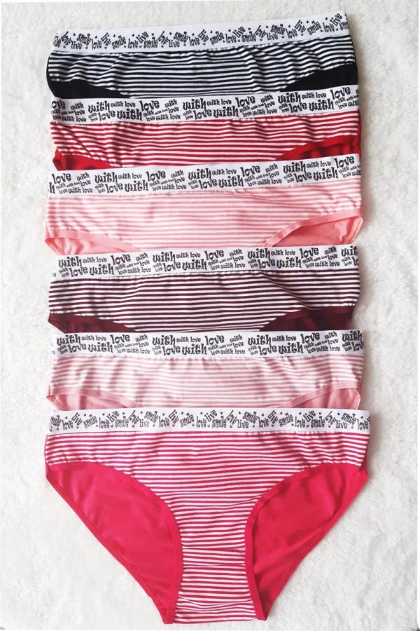 6 lı Kadın Çizgili Karışık Renk Pamuklu Bikini Külot With Love - Image 1