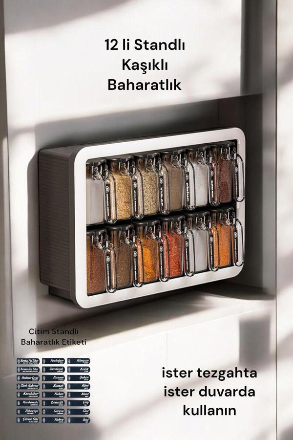 Random Standlı 12 Li Kendinden Yapışkanlı Kaşıklı Kapaklı Baharatlık Takımı-Etiketli Baharatlık- - Image 1