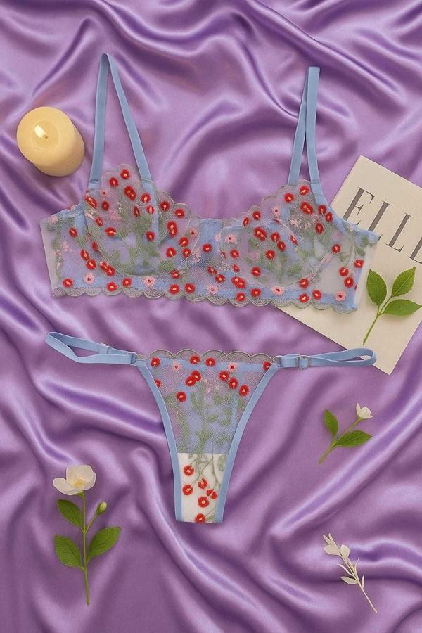 Dantel İşlemeli Çiçek Desenli Transparan Bralet & Tanga Takım - Mavi - Image 1