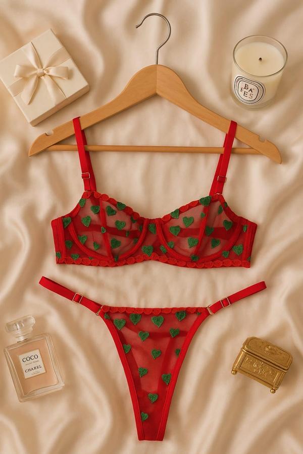 Kırmızı Kalp Desenli Transparan Tül Bralet Tanga Takım - Image 1