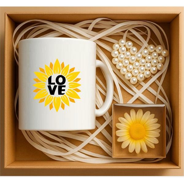 Papatya Motivasyon Kutusu, Arkadaşa Hediye Sepeti, Papatyalı Konsept Kupa, Papatya Mum, Kalp Anahtarlık Hediye Seti P1-0 - Image 1