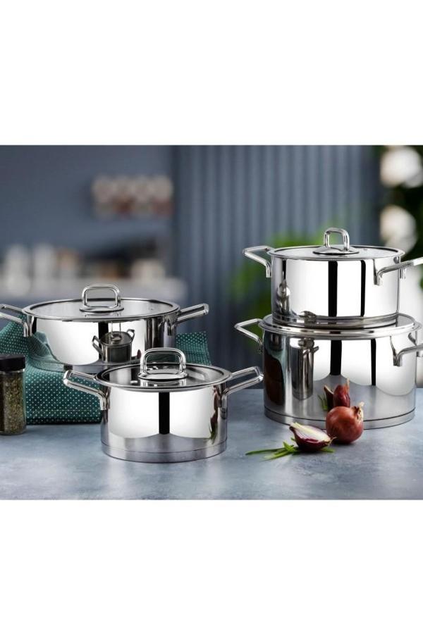 Lines Silver Çelik Tencere Seti 8 Parça Metal Kulp - Image 1