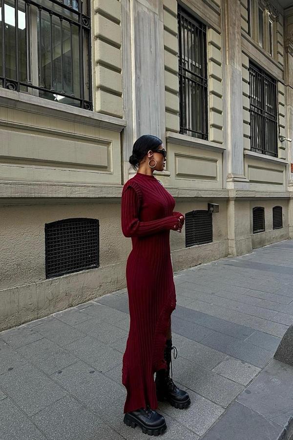 Asimetrik Detaylı Fitilli Triko Elbise -BORDO 19-9749 - Image 1