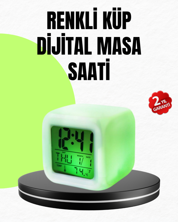 Gece Lambası Fonksiyonlu Renk Değiştiren LED Küp Dijital Saat - Image 1