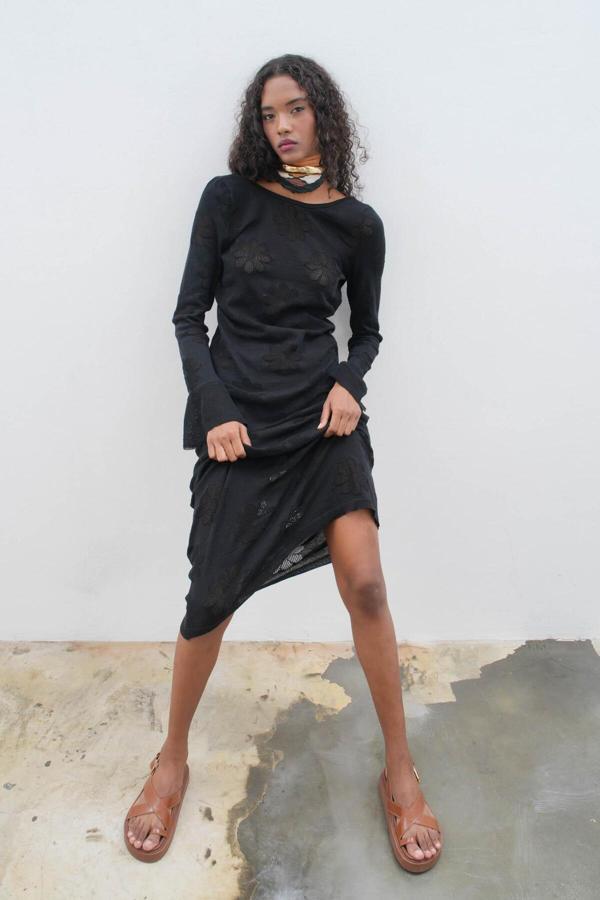 Belen Çiçek Desenli Maxi Boy Elbise -SİYAH - Image 1