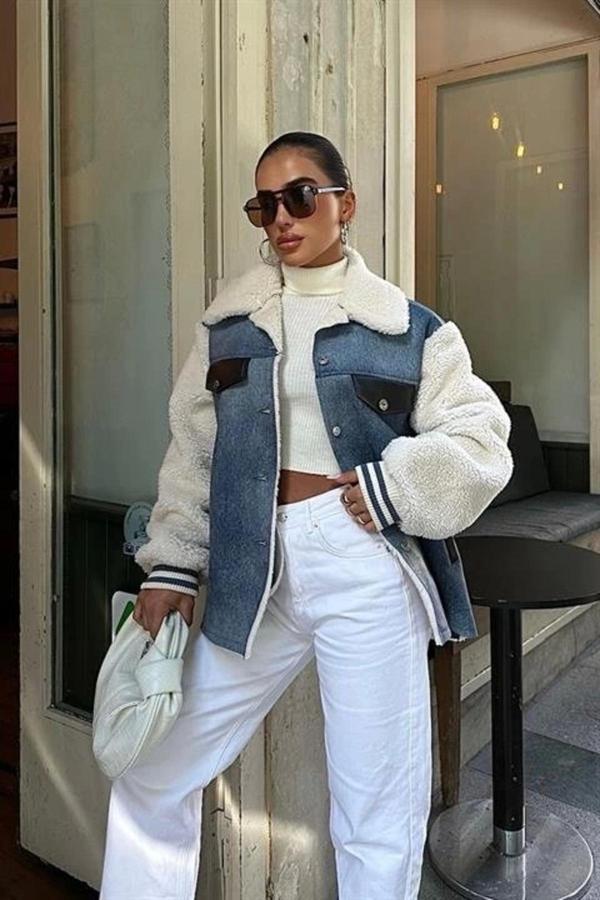 İçi Kürklü Deri Garnili Denim Görünümlü Ceket 6116 - Image 1