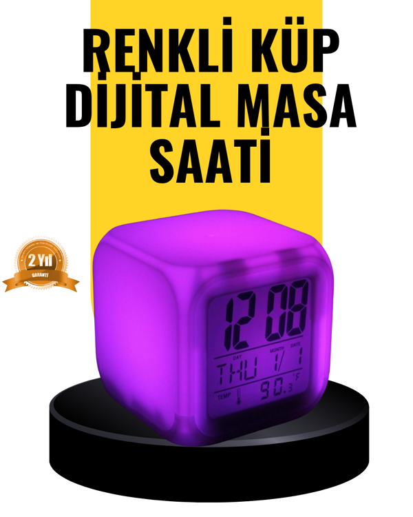 7 Renk LED Işıklı Alarmlı Dijital Küp Masa Saati Termometreli - Image 1