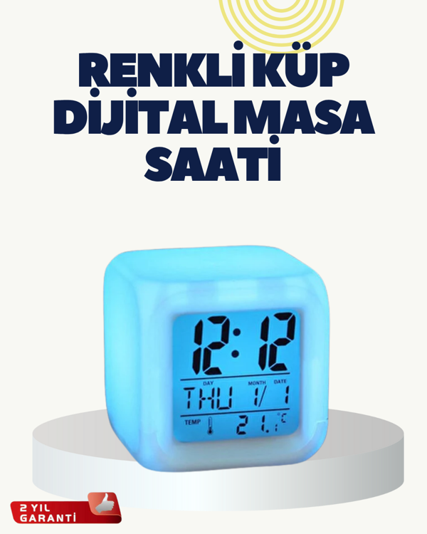 Termometre ve Takvim Özellikli 7 Renk Değiştiren Küp Alarm Saati - Image 1