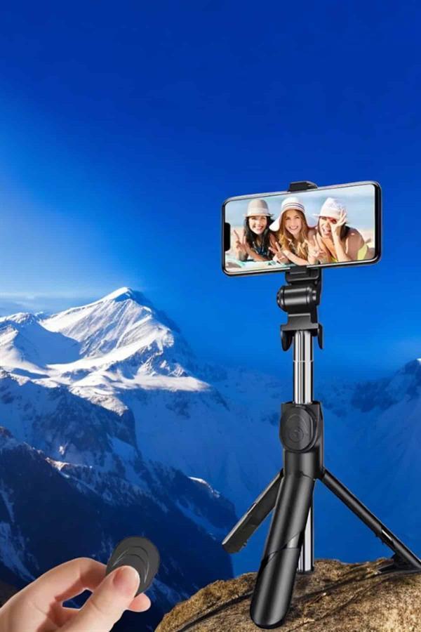 Selfie Çubuğu Tripod Kumandalı Telefon Tutucu Siyah - Image 1