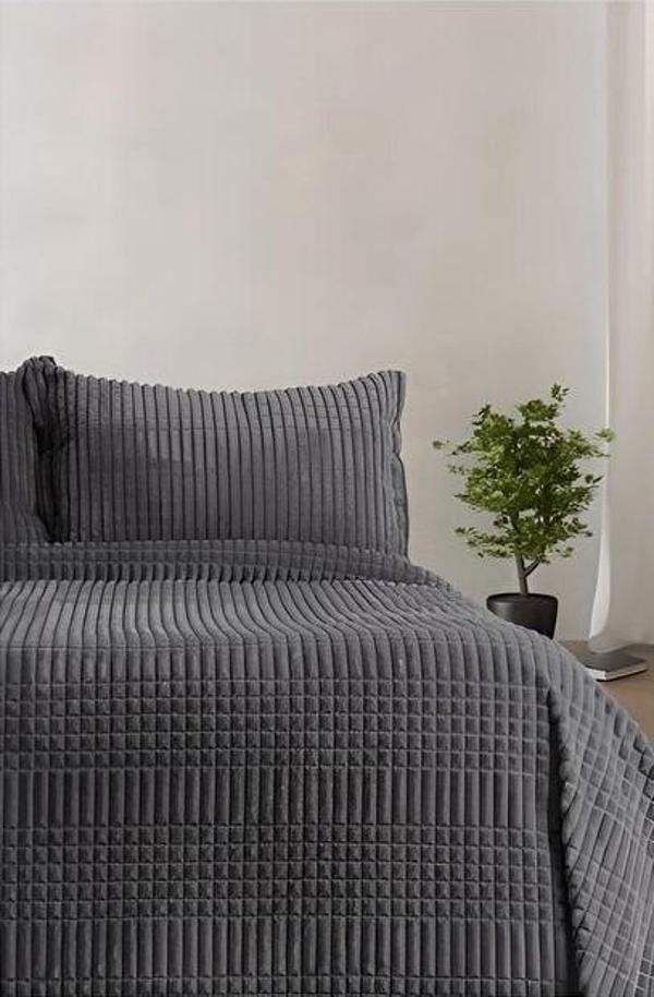 Merinos Modern Line Tek Kişilik 2 Parça Battaniye Seti - Koyu Gri - Image 1