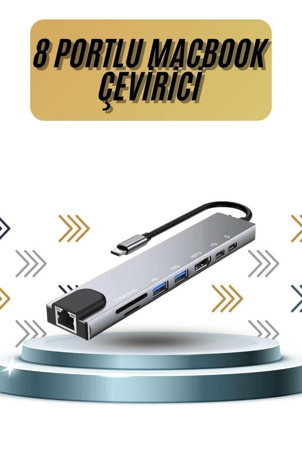 8 Portlu Macbook Çevirici Type C Hub  SD TF USB Çoğaltıcı Ethernet - Image 1