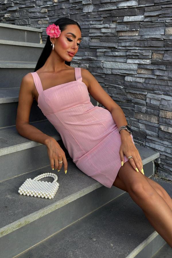 Kare Yaka Mini Elbise -PEMBE - Image 1