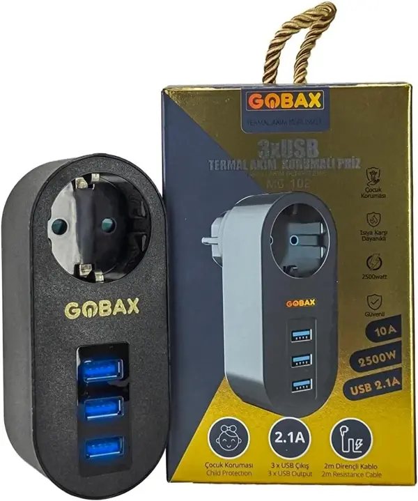 Gobax Termal Akım Korumalı Akıllı Priz 3xusb Li, Çocuk Korumalı, Led Işıklı, Yüksek Isıya Dayanıklı (2818) - Image 1