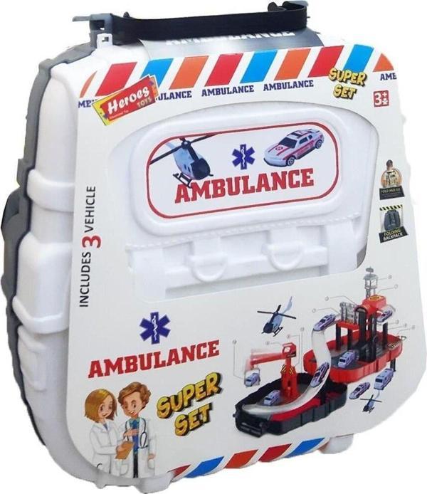 Heroes Toys Çantalı Ambulans Seti Arabalı ERN-2016 Beyaz,Sırt Çantalı Taşınabilir Oyuncak Ambulans Garaj Seti - Image 1