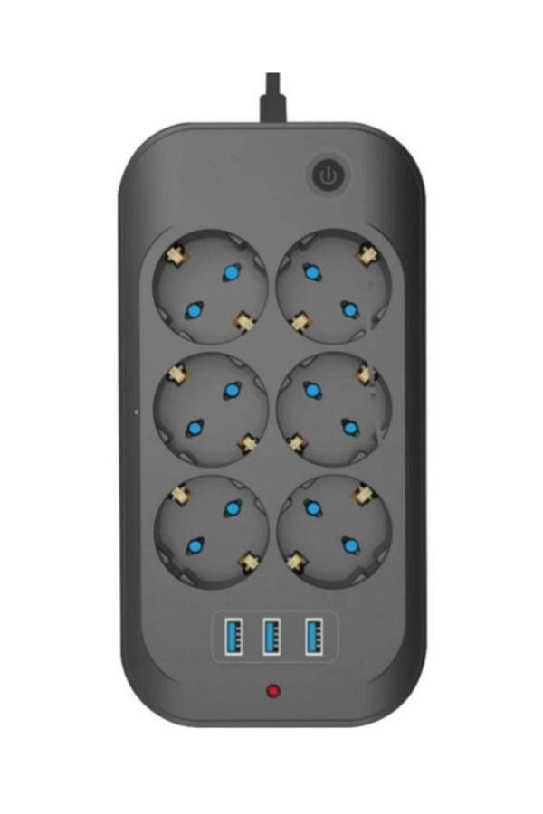 Termal Akım Korumalı, Çocuk Korumalı, 6’lı 2 Mt Uzatma Kablosu 6 X Priz, 3 X Usb - Image 1