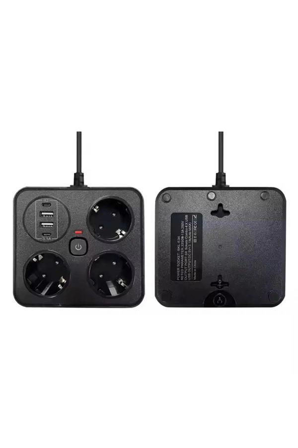Akım Korumalı Anahtarlı Priz - 3x Priz - 2x Usb - 2x Type-c - 2 Mt Kablo Hızlı Şarj Özellikli Siyah - Image 1