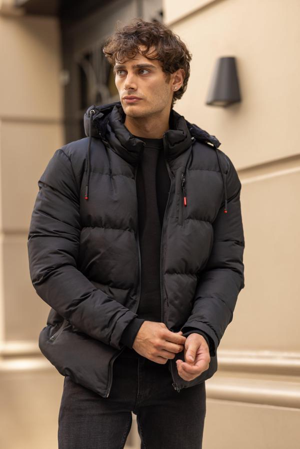 MOUNT Su Geçirmez Kürklü Kapüşonlu Erkek Şişme Mont - Siyah - Image 1