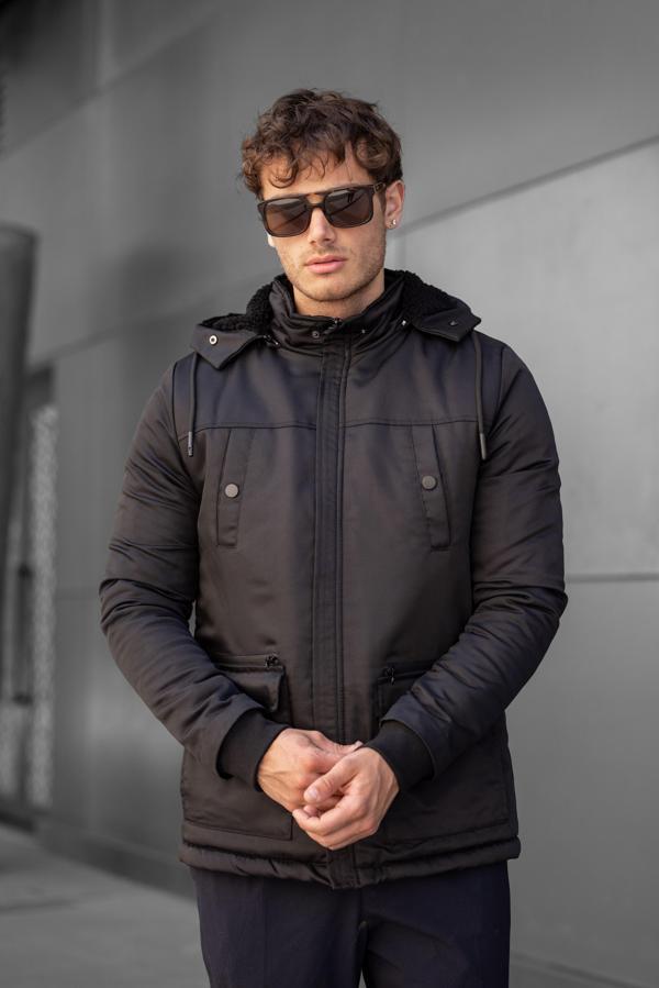 MONTANO Su Geçirmez Kürklü Kapüşonlu Erkek Mont - Siyah - Image 1