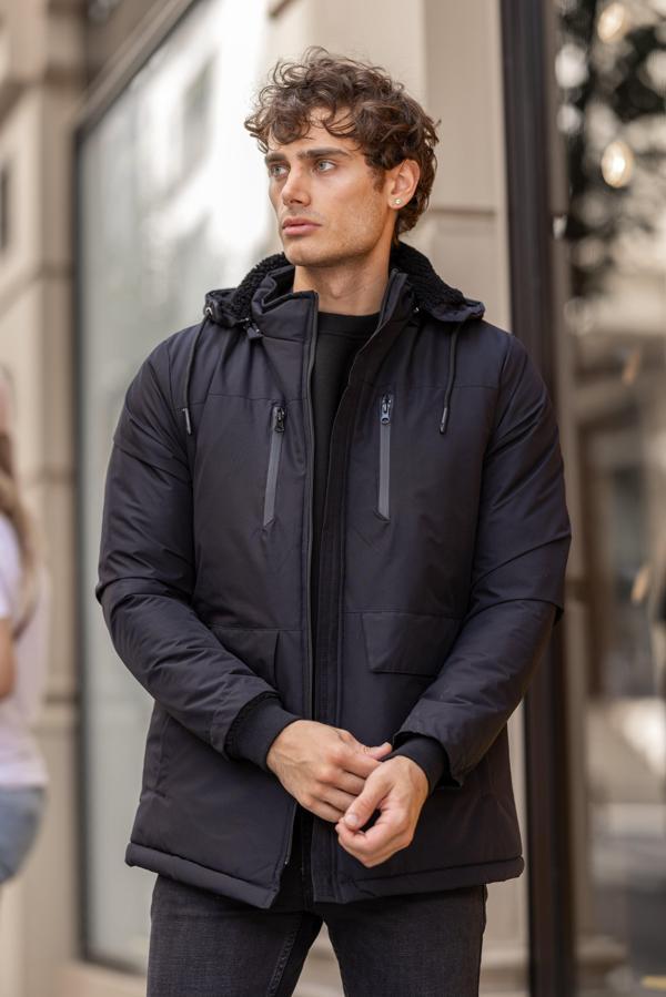 MEGA Su Geçirmez Dik Yaka Kürklü Kapüşonlu Erkek Mont - Lacivert - Image 1