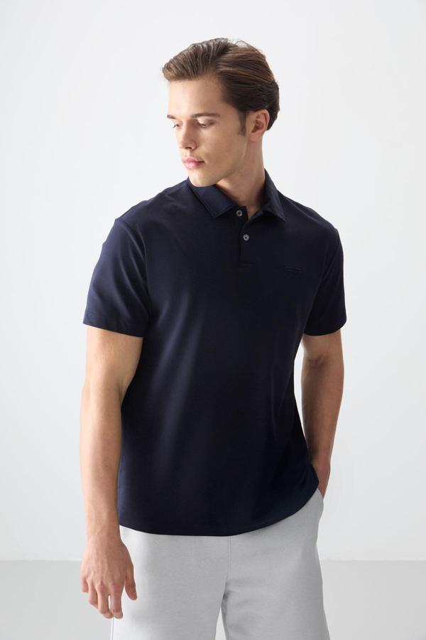 Lacivert Pamuklu Kalın Yumuşak Dokulu Polo Yaka Oversize Fit Basic Erkek T- Shirt - 88381 - Image 1