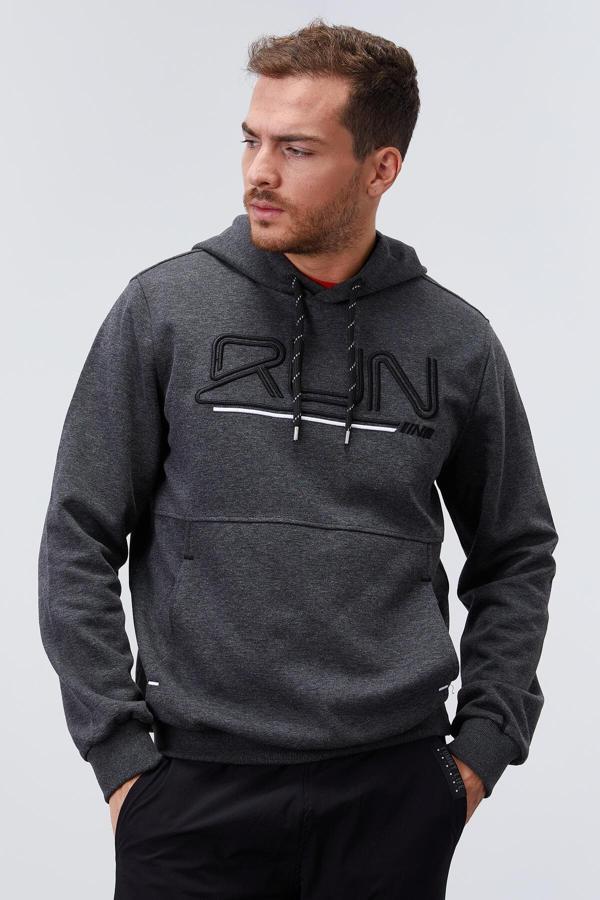 Antrasit Melanj Yazı Nakışlı Standart Kalıp Kapüşonlu Erkek Sweatshirt - 87887 - Image 1